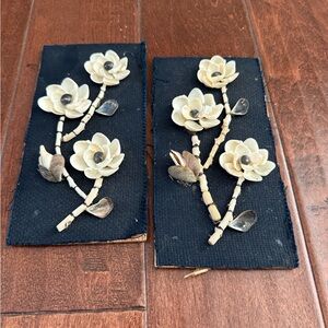 Vintage SEA SHELLS ART PICTURE 2pc WOOD FRAME black fabric background.